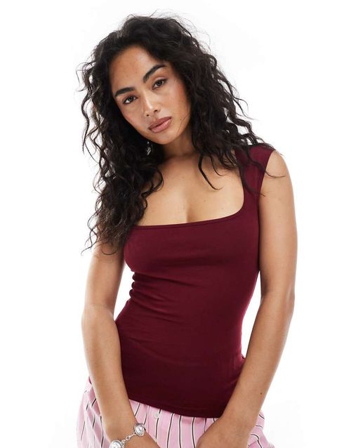 JJXX square neck top in burgundy-Red