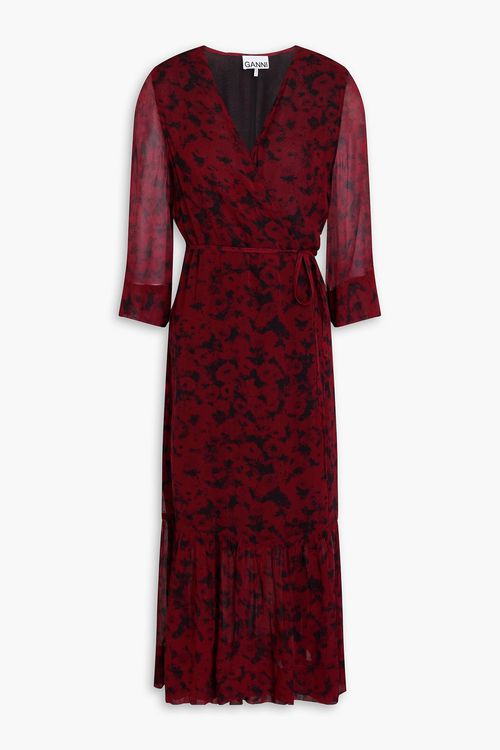 GANNI - Printed georgette midi wrap dress - Burgundy - DE 32