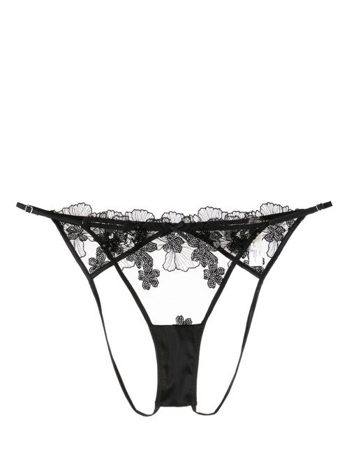Lace-embroidery sheer thong - Black
