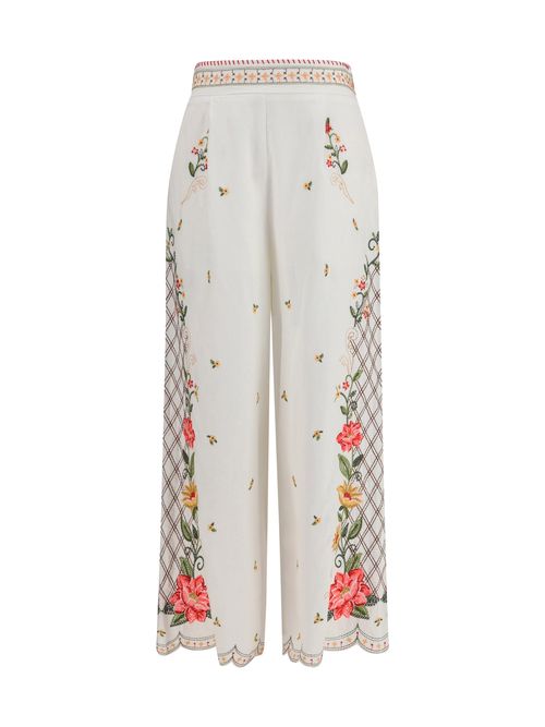 Floral Embroidered Wide-Leg Trousers — White