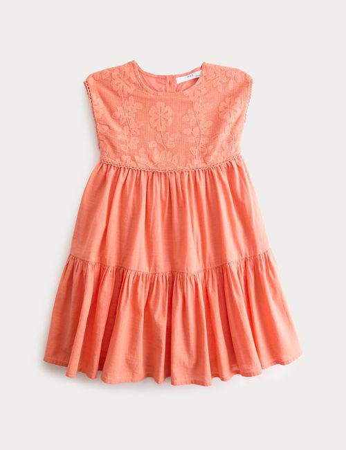 M&S Pure Cotton Floral Lace Dress 2-10 Yrs - 2-3 Years - Coral, Cora