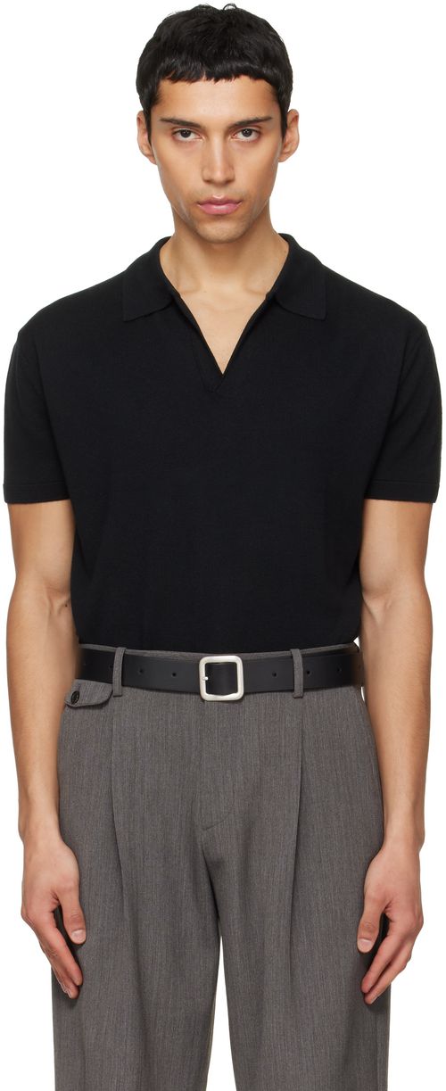 Black Silk Cashmere Open Collar Knit Polo