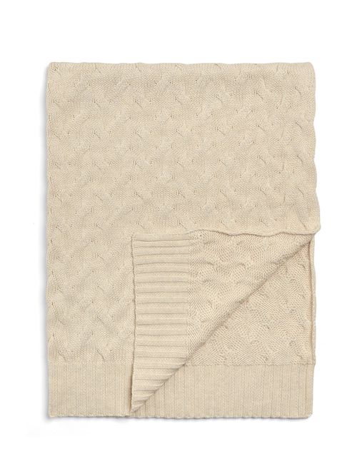 Knitted Duckling Print Cable Blanket in Cream, Cotton