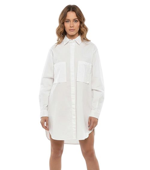 White Solid Shirt Collar Mini Dress