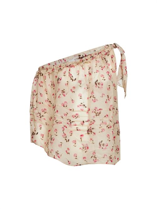 Floral-Print One-Shoulder Blouse — Beige