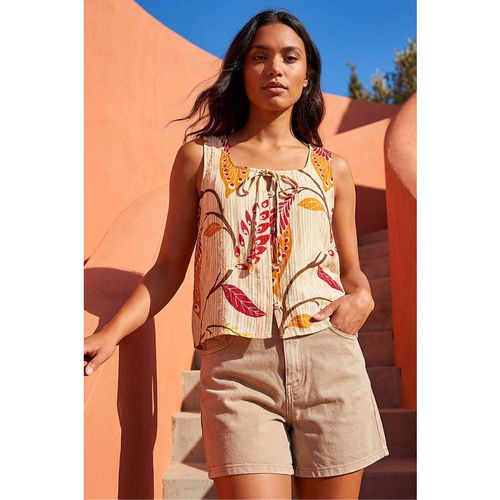 Roman Womens Leaf Print Textured Tie Front Blouse - Orange