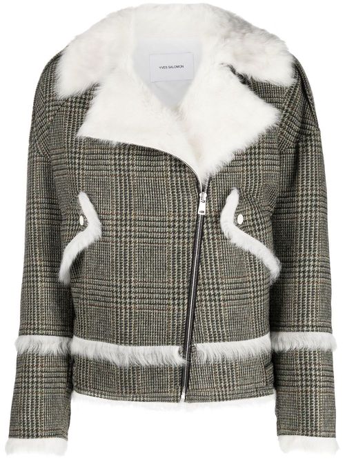 Houndstooth-pattern biker jacket - Neutrals