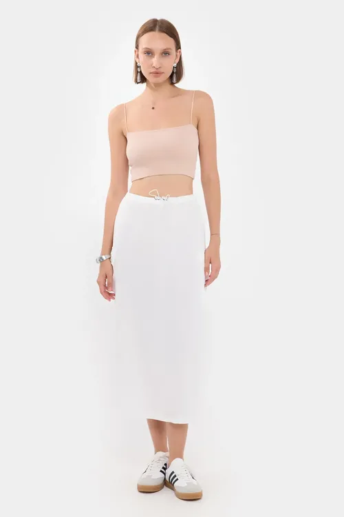 Natural Drawstring Midi Skirt With Pocket Detail Women