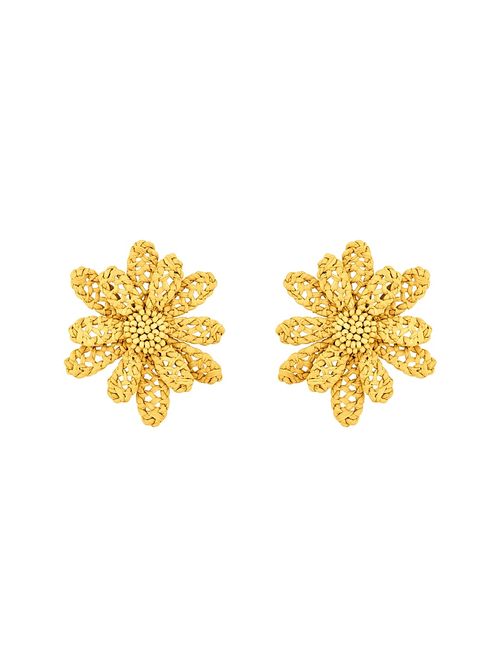 Women's Large Woven Flower Raffia Stud Earrings - Yellow