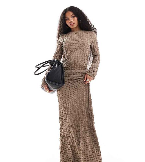 Vila Petite waffle textured long sleeved maxi dress in taupe-Neutral
