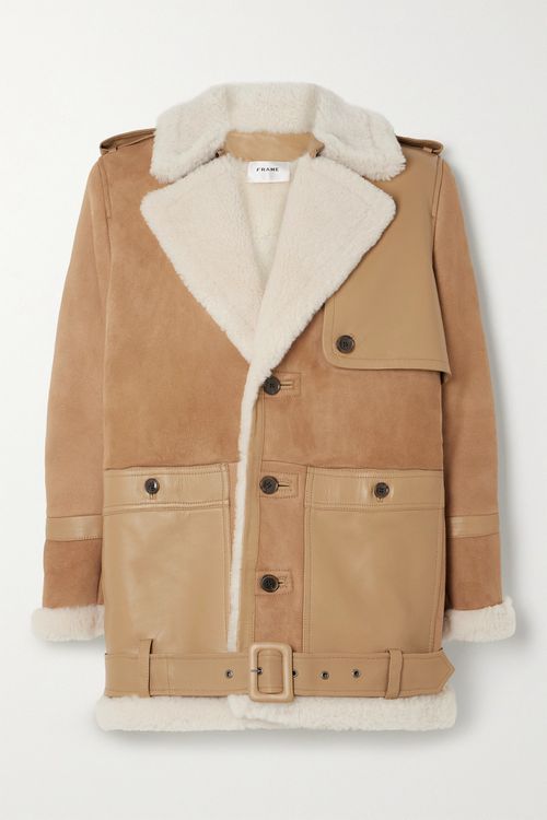 Belted Leather-trimmed Shearling Jacket - Neutrals