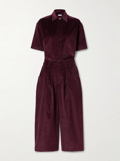 New Yorker Cropped Cotton-blend Corduroy Jumpsuit - Burgundy