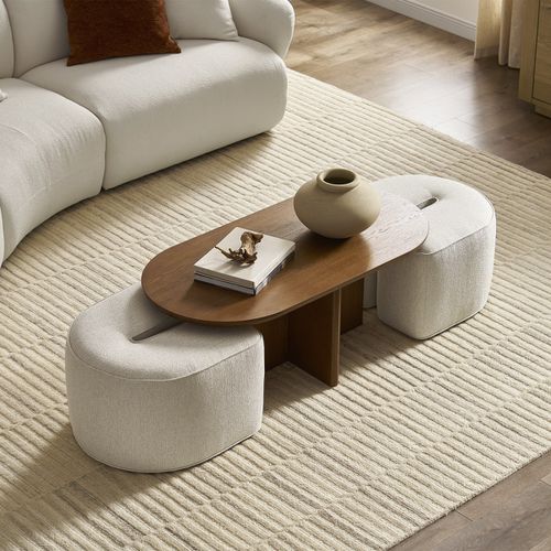 Dark Brown Nesting Rectangular Coffee Table, Beige Seats