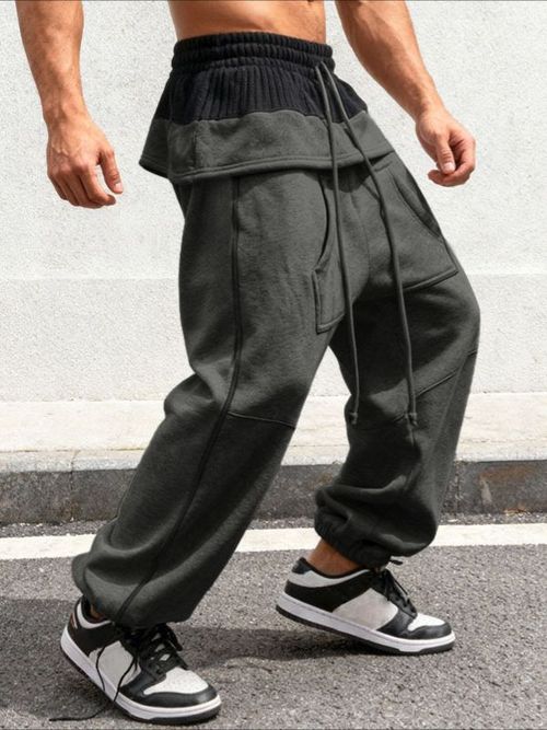 Men's Contrast Color Textured Casual Pant SKUL51870 - Dark Gray / S