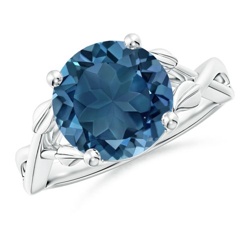 Angara 4.2 Carats Nature Inspired London Blue Topaz Crossover Ring with Leaf Motifs in Platinum