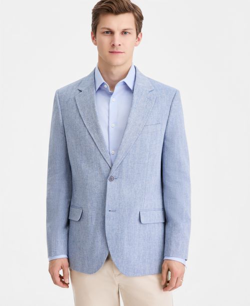 Men's Modern-Fit Herringbone Cotton & Linen Blazer - Blue Herringbone