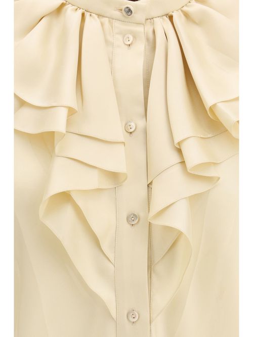 Silk Twill Ruffle-Trim Shirt — Beige