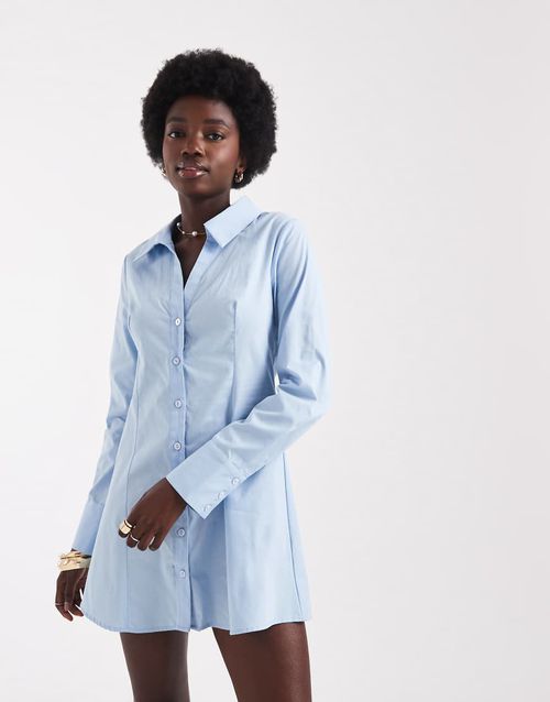 Fitted poplin shirt dress in baby blue