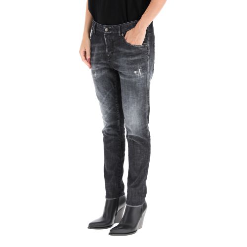 Distressed-effect logo-patch denim jeans - Black