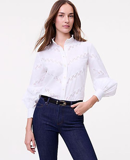 Ann Taylor Petite Weekend Eyelet Ruffle Collar Shirt