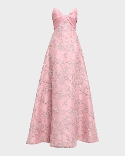 Embroidered Satin Strapless Gown
