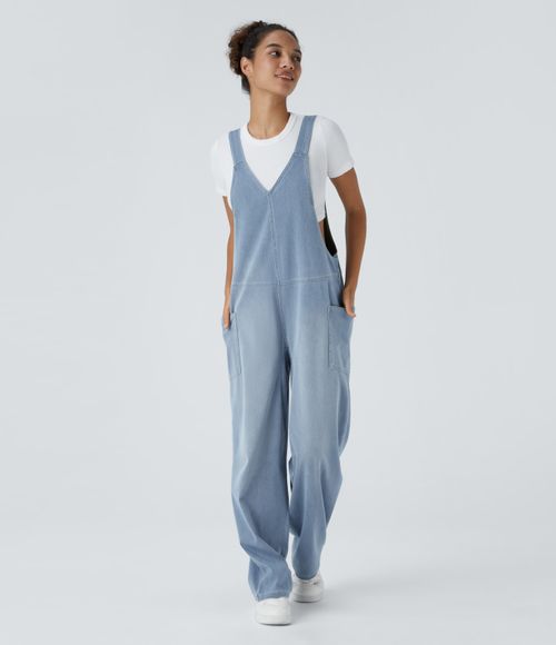 Flex™ V Neck Pocket Washed Denim Casual Overalls  - Powder Blue Denim