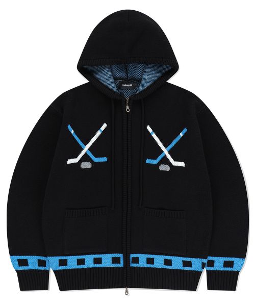 HOCKEY KNIT ZIP-UP HOODIE BLACK