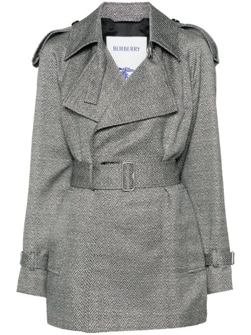 Chevron-jacquard belted coat - Black