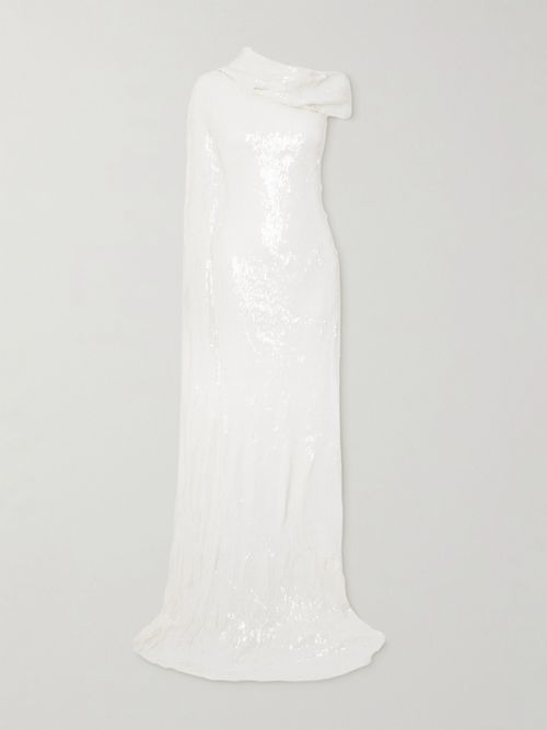 One-shoulder Cape-effect Draped Sequined Silk-blend Gown - Off-white