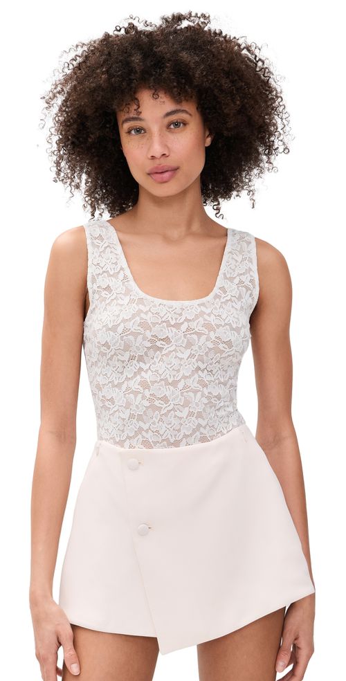 Stretch Lace Scoop Tank Bodysuit Chalk