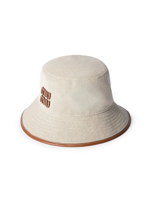 Women's Canvas and Leather Bucket Hat - Beige Khaki