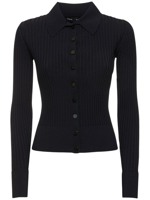 Ribbed Knit Viscose Blend Polo Cardigan