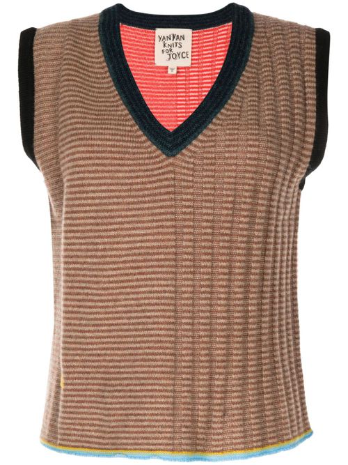 Striped V-neck knitted top - Brown