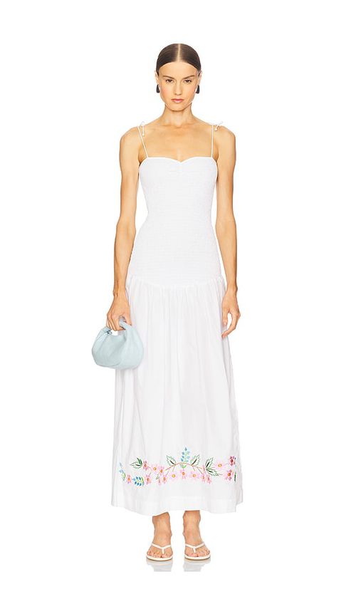 SWF Shirred Embroidered Drop Hem Maxi Dress in White.  XL. Also in L, M