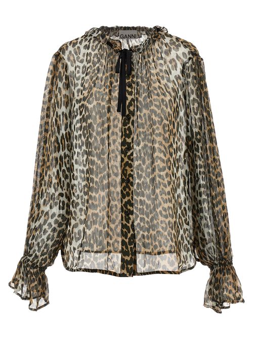 Leopard Print Chiffon Tie String Shirt And Blouse Multicolor