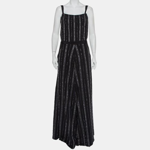 Bazza Alzouman Black Silk Sequin Embellished Open Back Wide Leg Jumpsuit