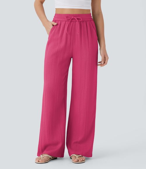 High Waisted Drawstring Pocket Wide Leg Baggy Casual Linen-Feel Pants  - Raspberry Sorbet