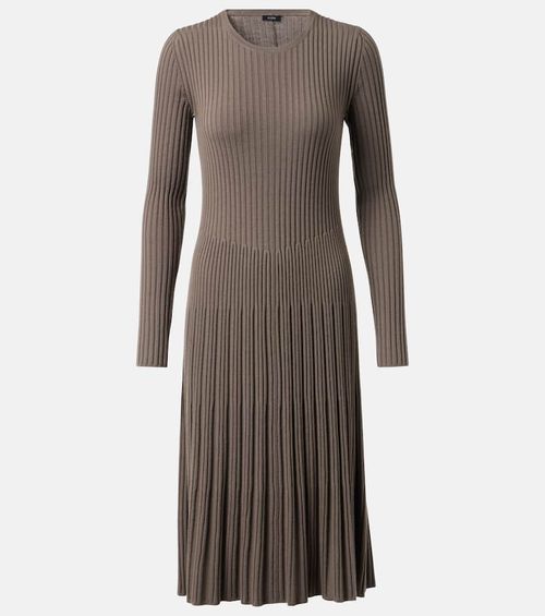 Ribbed-knit pleated wool midi dress