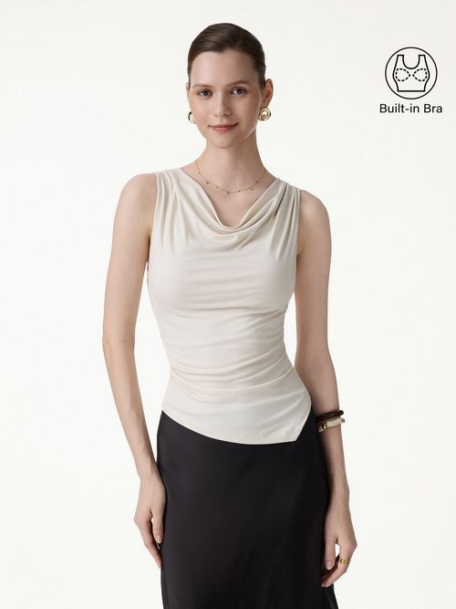 Cowl Neck Asymmetrical Sleeveless Bra Top - Fog