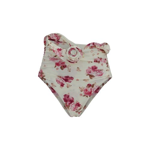 Floral-Print High-Rise Bikini Bottom — Beige
