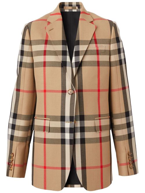 Check wool-cotton jacquard tailored jacket - Neutrals