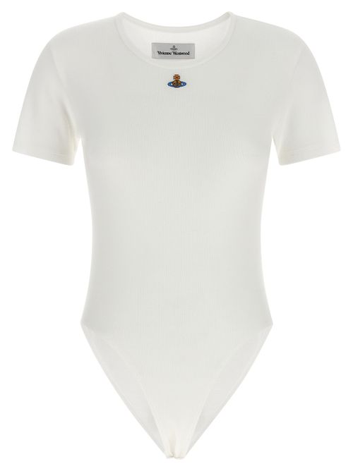 Embroidered Orb Logo Ribbed Cotton Bodysuit — White
