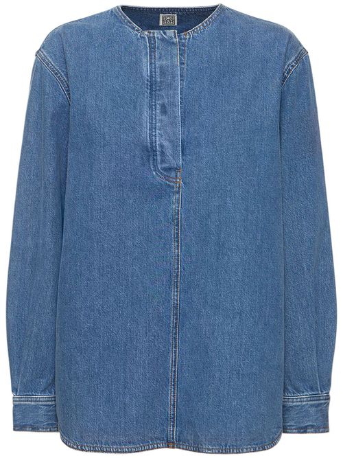 Collarless Cotton Denim Shirt