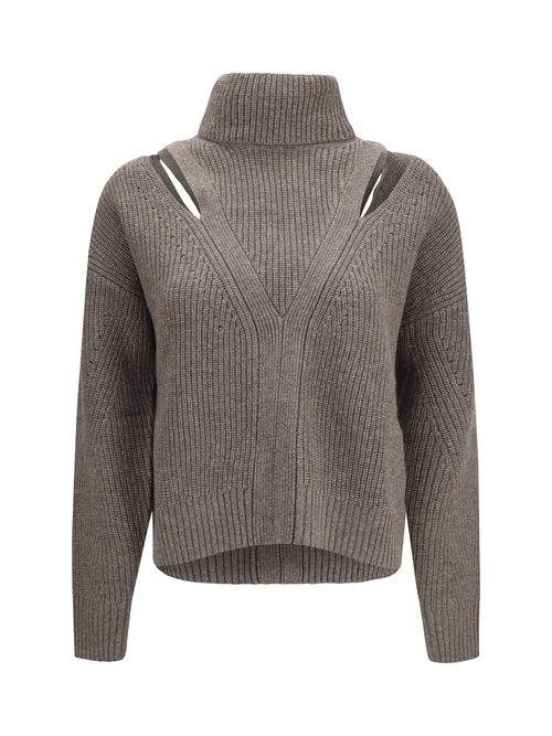 Perforated-Shoulder High-Neck Sweater — Gray
