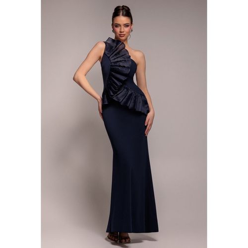 Goddiva One Shoulder Pleated Fan Maxi Dress - Navy Blue