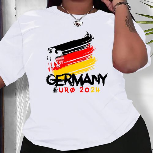 TEMU Women's Plus Casual Sporty T-shirt, Germany Flag Soccer 2024 Print, Fit Short Sleeve Tee, Fashion Breathable Casual Top