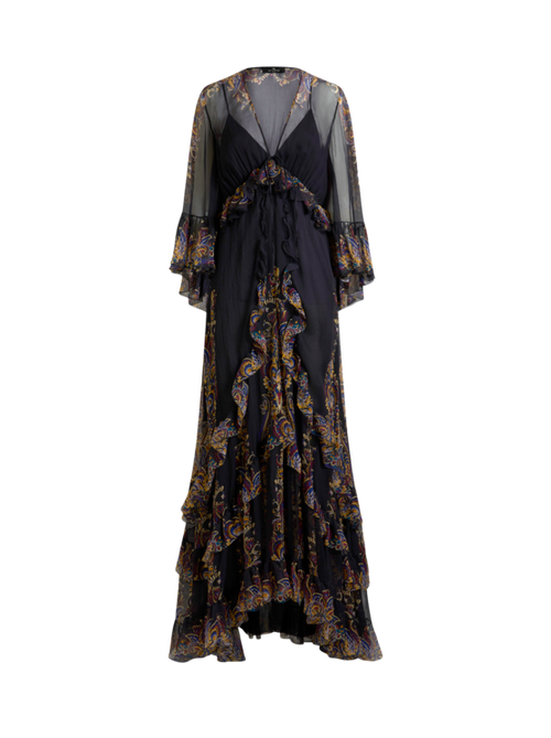 Long Silk Dress With Placed Paisley Foliage Print