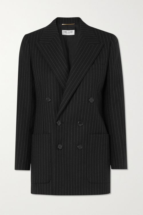Double-breasted Pinstriped Wool-twill Blazer - Black - FR36