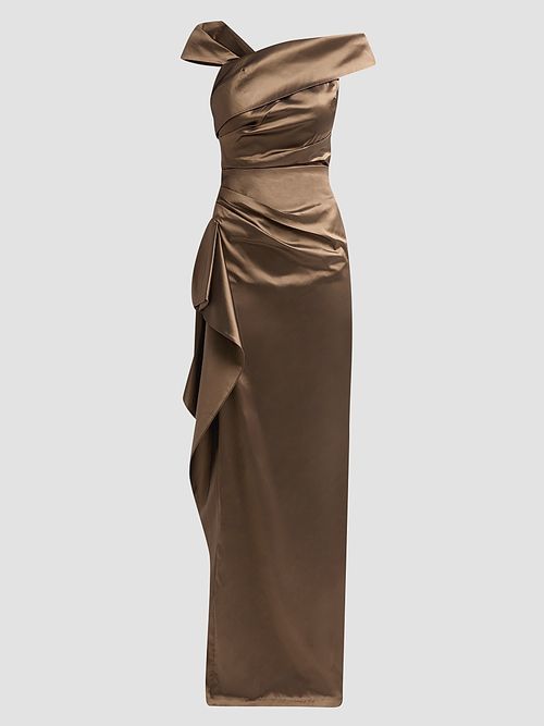 Women's Draped Woven Taffeta Column Gown - Bronze