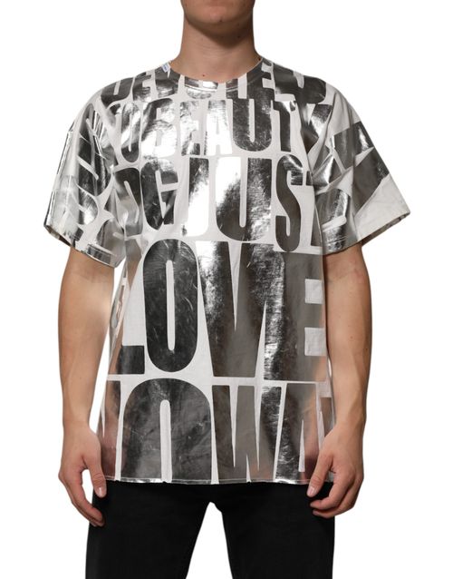 Silver Metallic Slogan Print T-Shirt — White